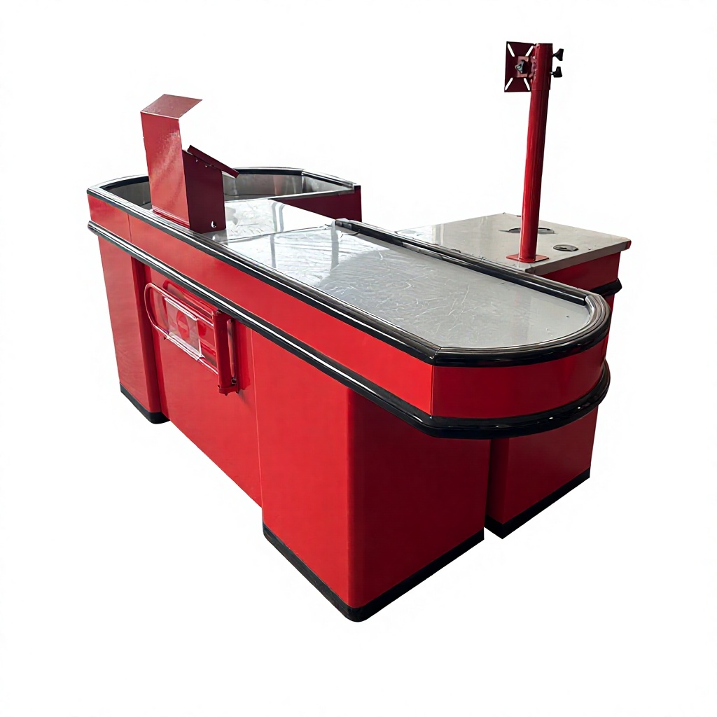 Red Supermarket Checkout Counter with Conveyor