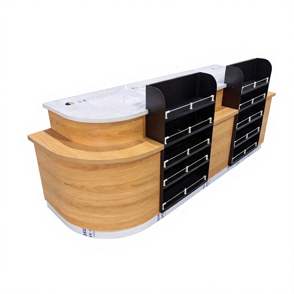Curved Supermarket Information Desk With Side Racks