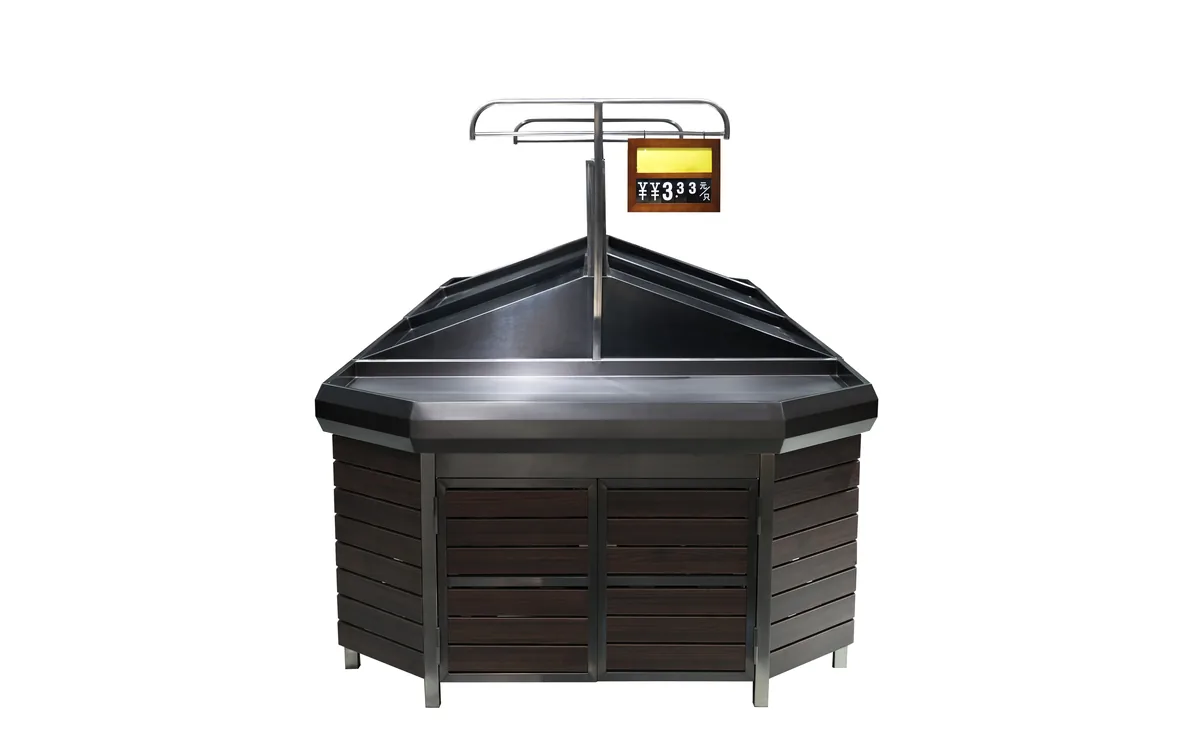 Adjustable three tier fruit and vegetable display rack with timber panels and a black steel frame