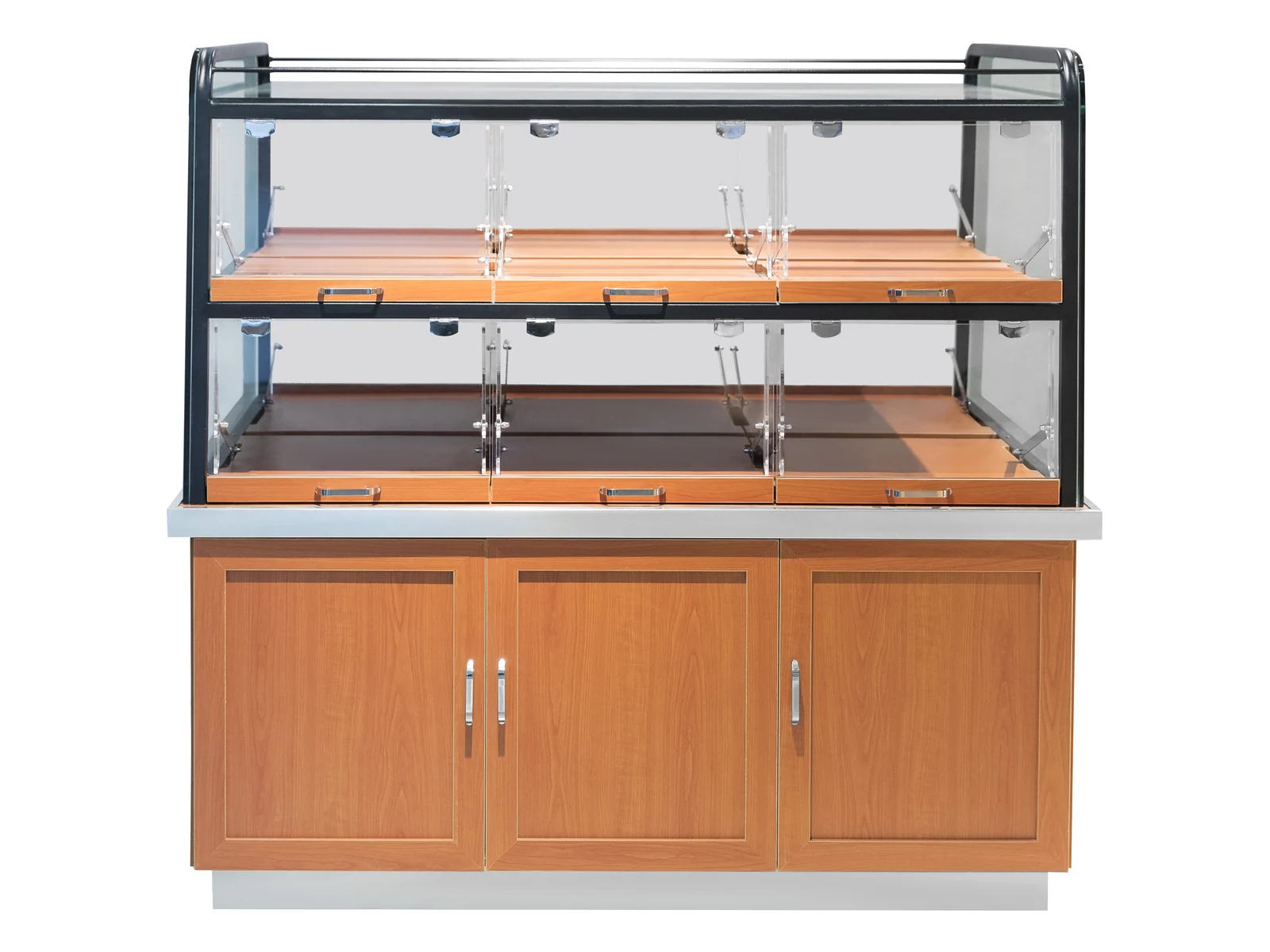 Bakery Case with Warm Tiered Shelves photographed from the front on a white studio background