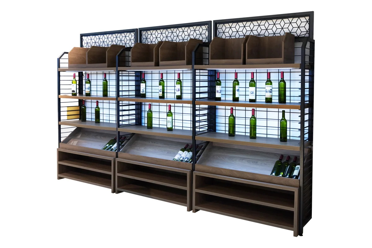 Black framed supermarket wine and spirits display bay with stepped shelves and header sign panels