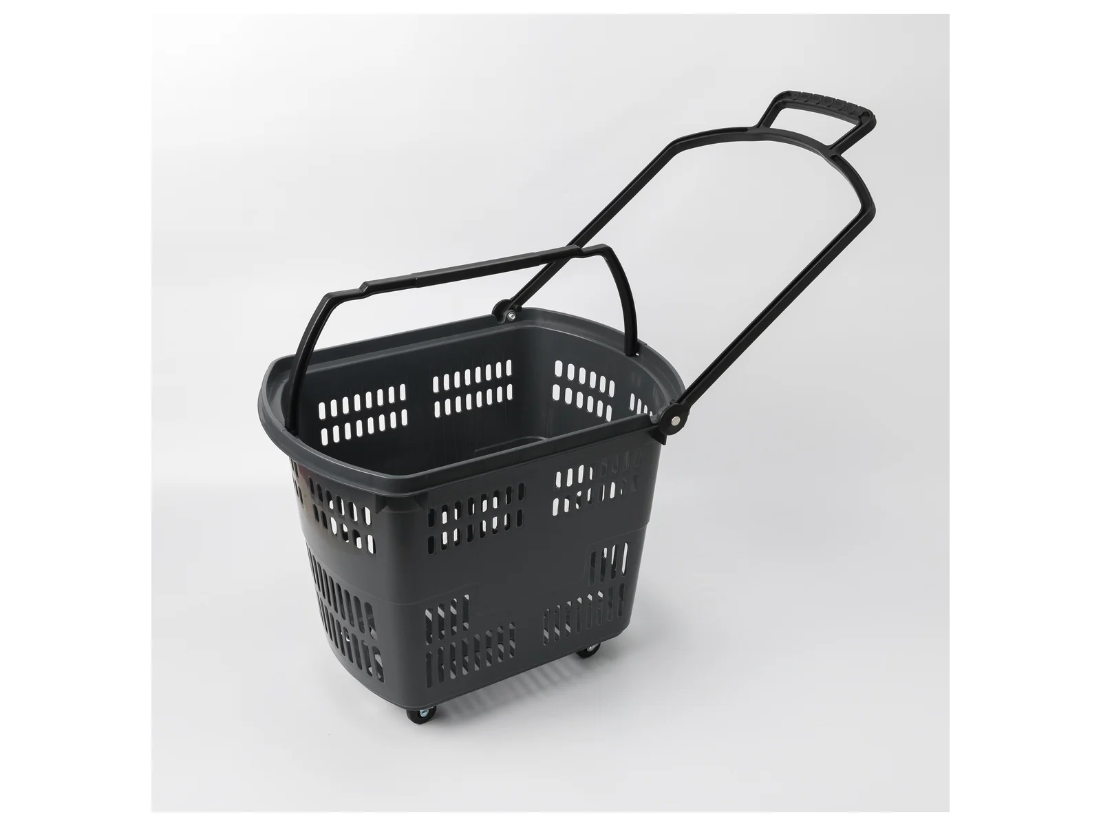 Black Roller Basket with Grab Handle photographed from the front on a white studio background