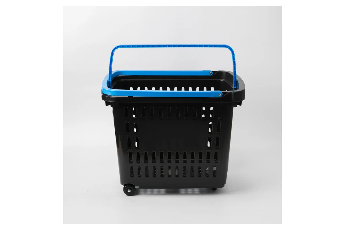 Black supermarket rolling shopping basket with a blue handle rail and wheels