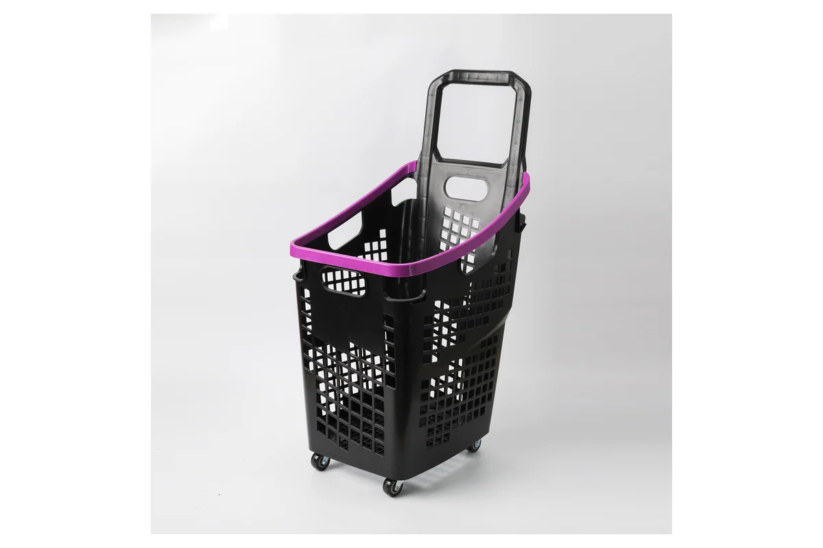 Black supermarket rolling shopping basket with a bright purple high-visibility handle