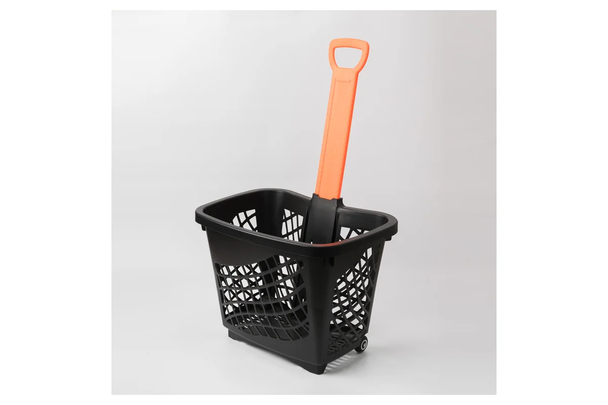 Black supermarket rolling shopping basket with an orange pull handle and wheels