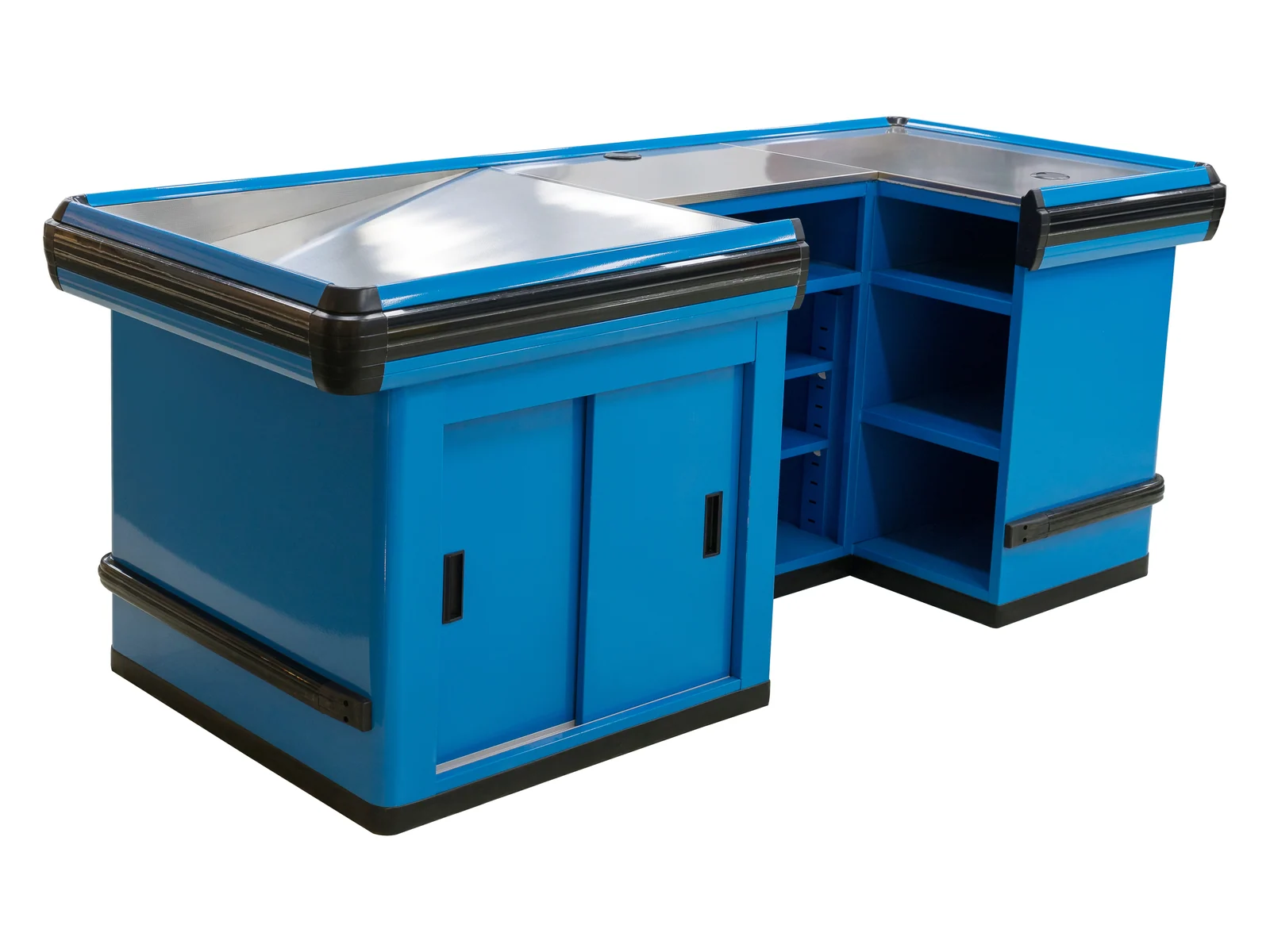 Boutique Checkout Counter in Blue photographed from the front on a white studio background
