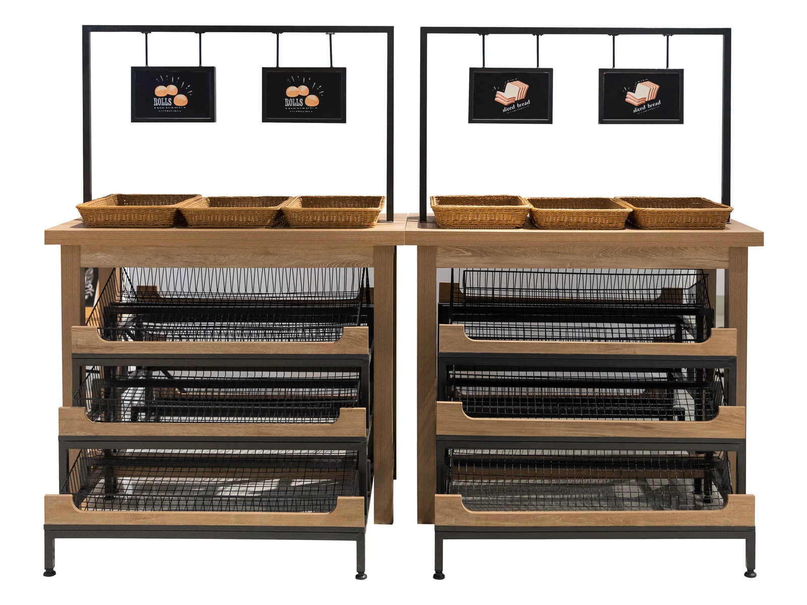 Bread Rack with Tray Shelves and Sign Headers photographed from the front on a white studio background