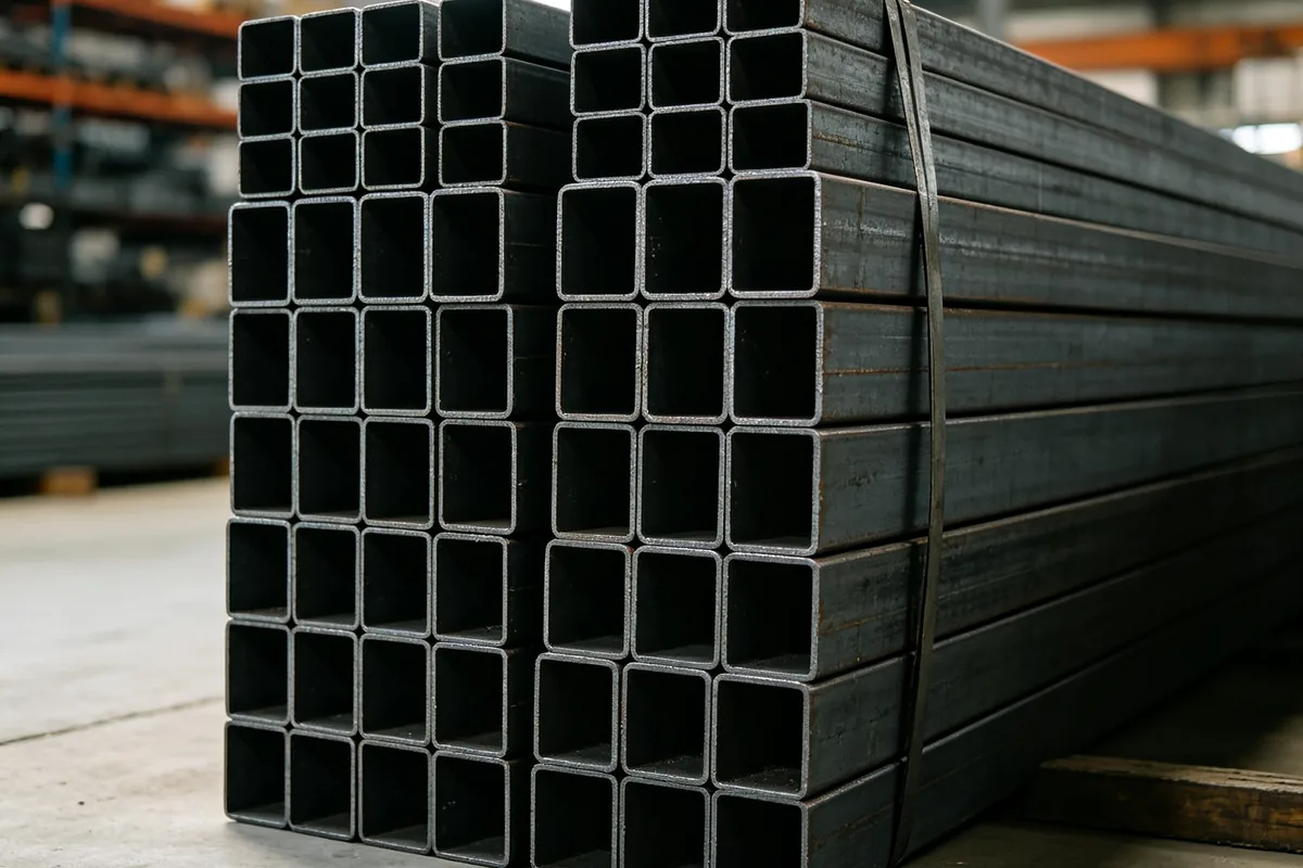 Bundled square tube stock in the Keshun steel workshop, cut down for shelving and rack frames