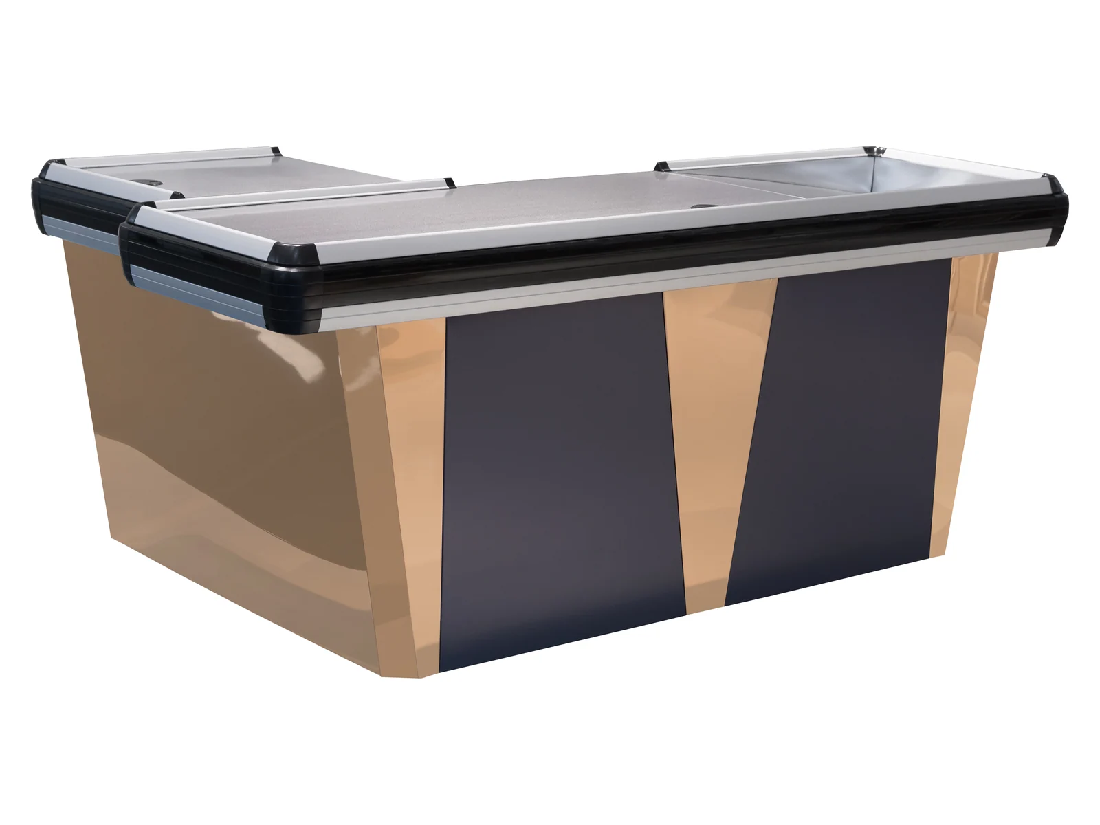 Checkout Counter with Angled Wood Facing photographed from the front on a white studio background