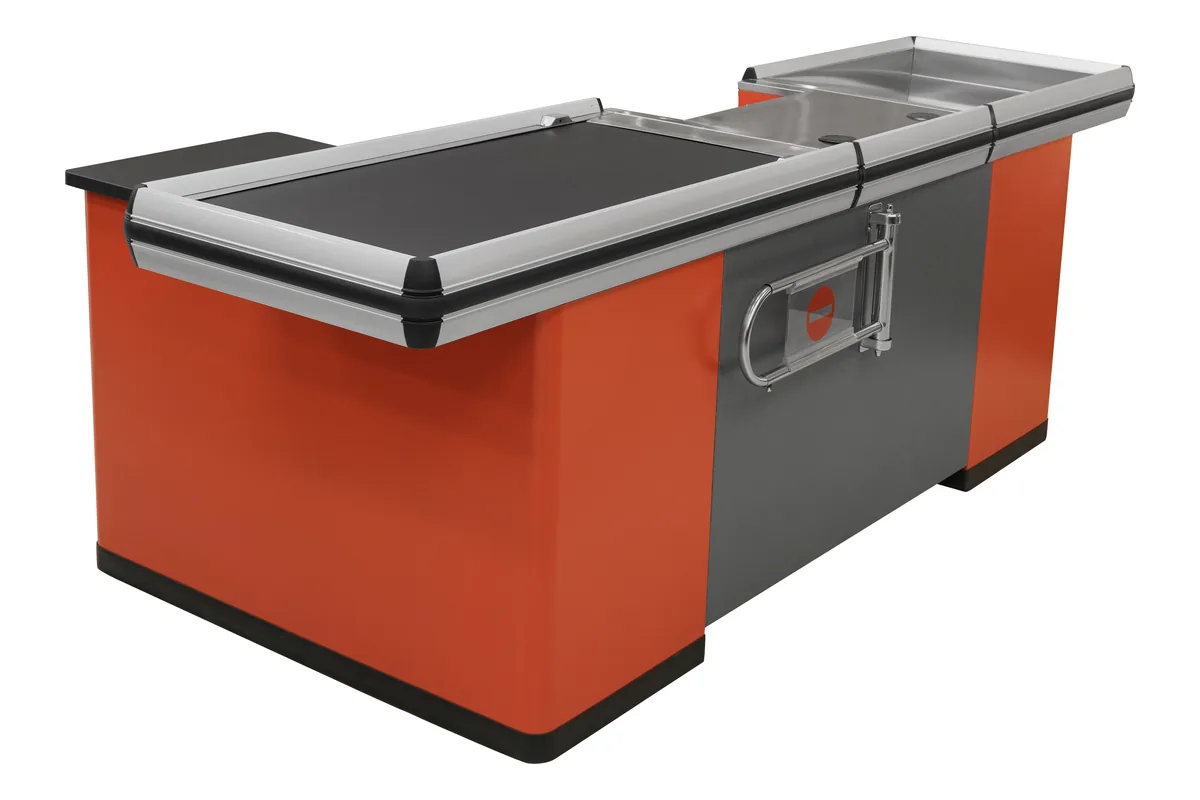 Keshun checkout counter with conveyor belt, red carcase and a control panel at the belt head