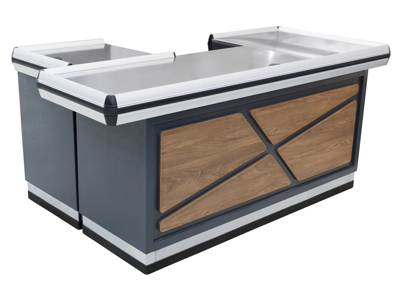 Checkout Counter with Cross Braced Wood Panel photographed from the front on a white studio background