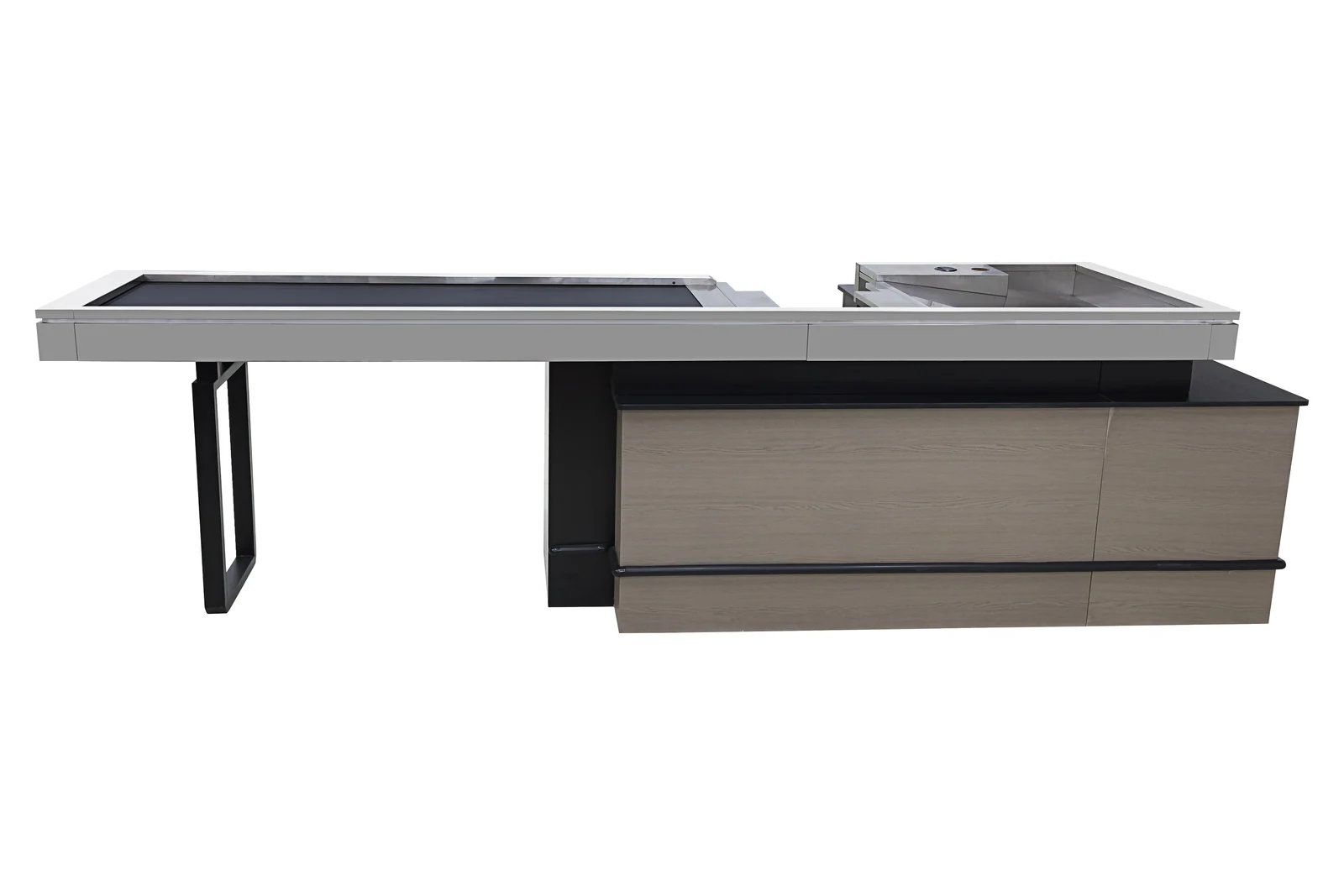 A checkout counter with tiered impulse shelving on the shopper side