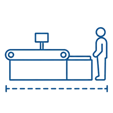One checkout lane in side view with a conveyor belt, packing end and cashier position, dimensioned across the lane