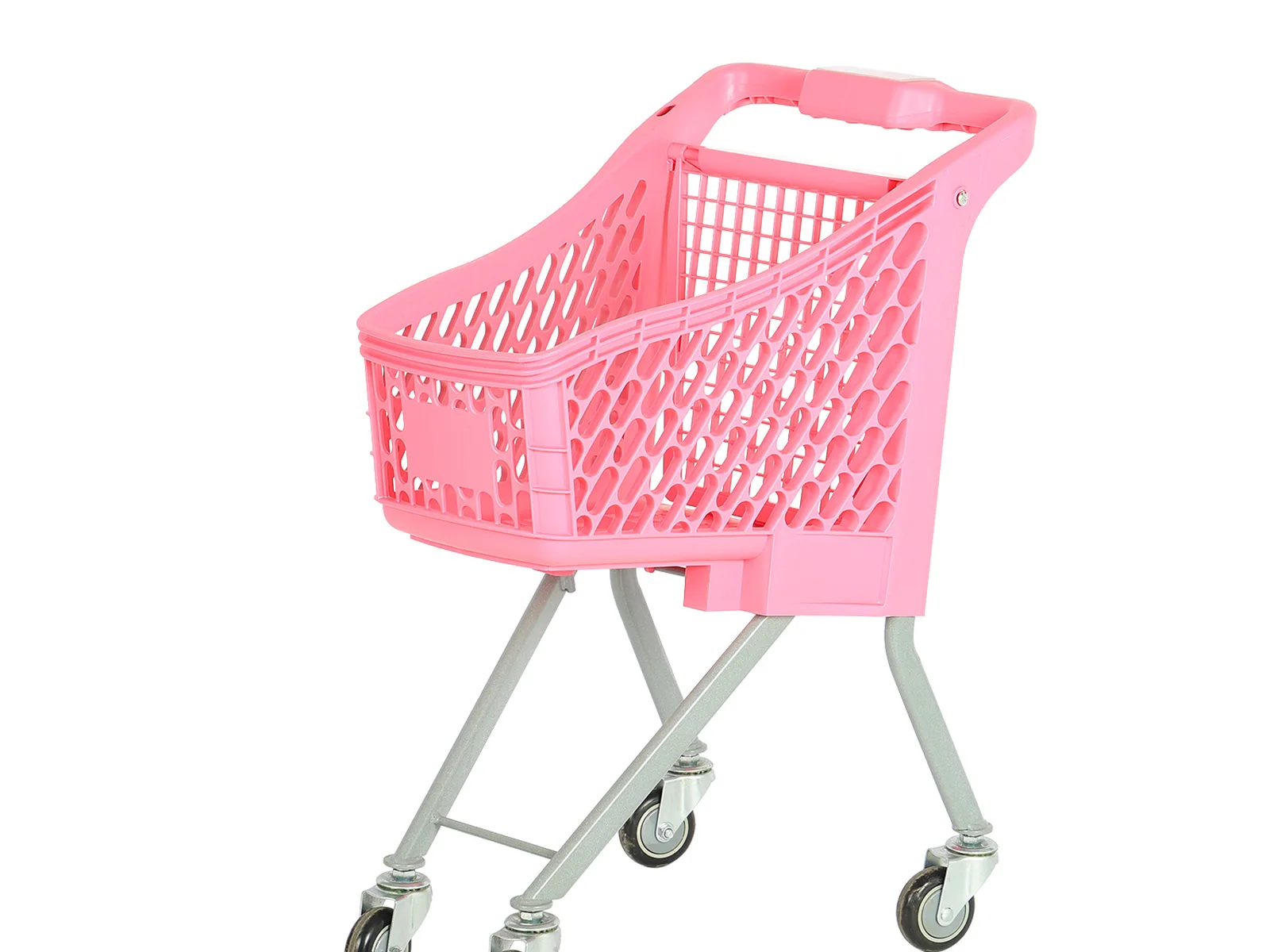 Child shopping trolley photographed from the side showing the moulded basket