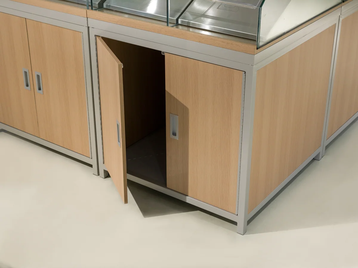 Close-up of the base cupboard under one of the bays