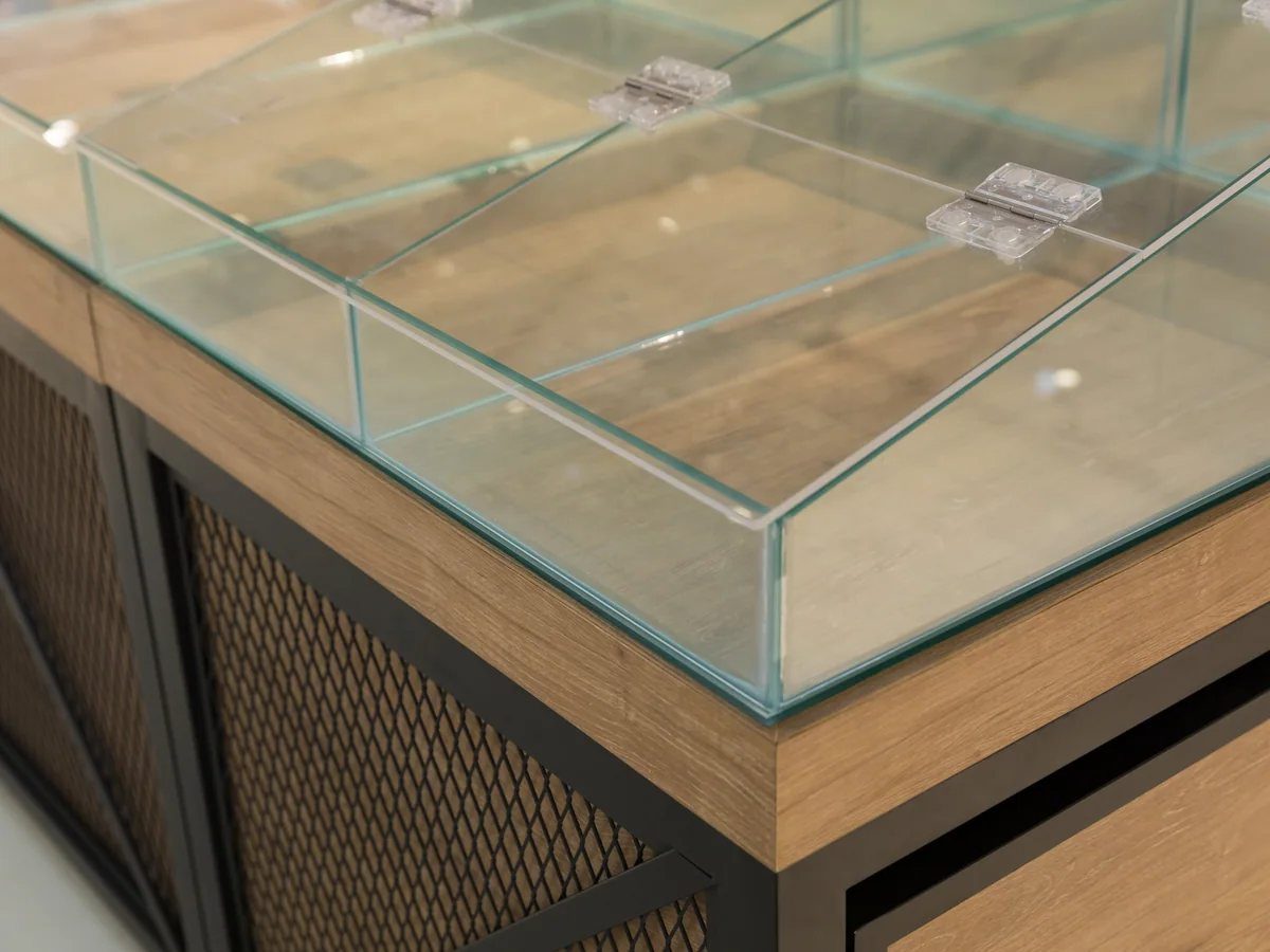 Close-up of the glazed display top of the cabinet