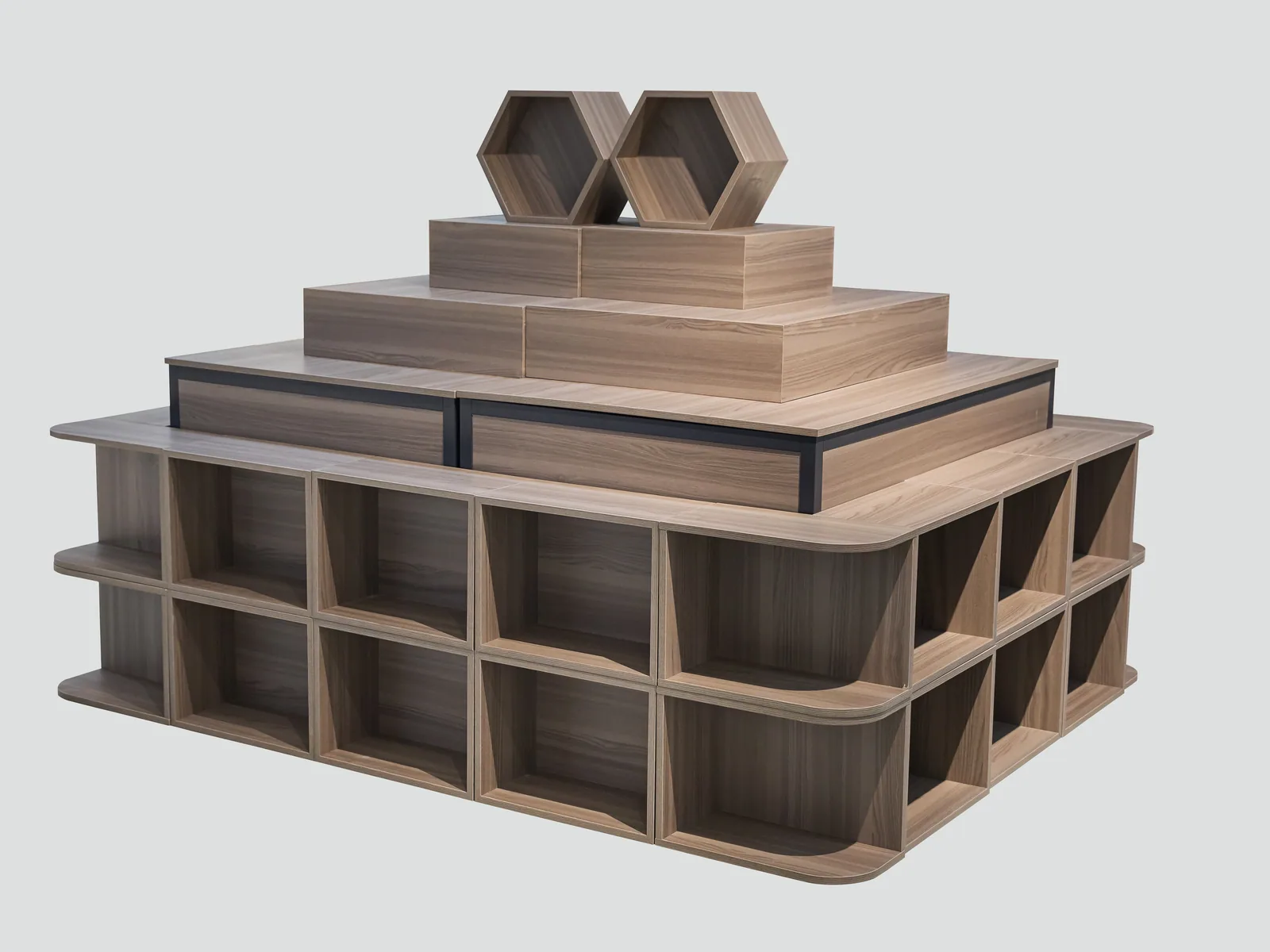 Close-up of the stepped timber deck and edge detail on a Keshun supermarket promotion table