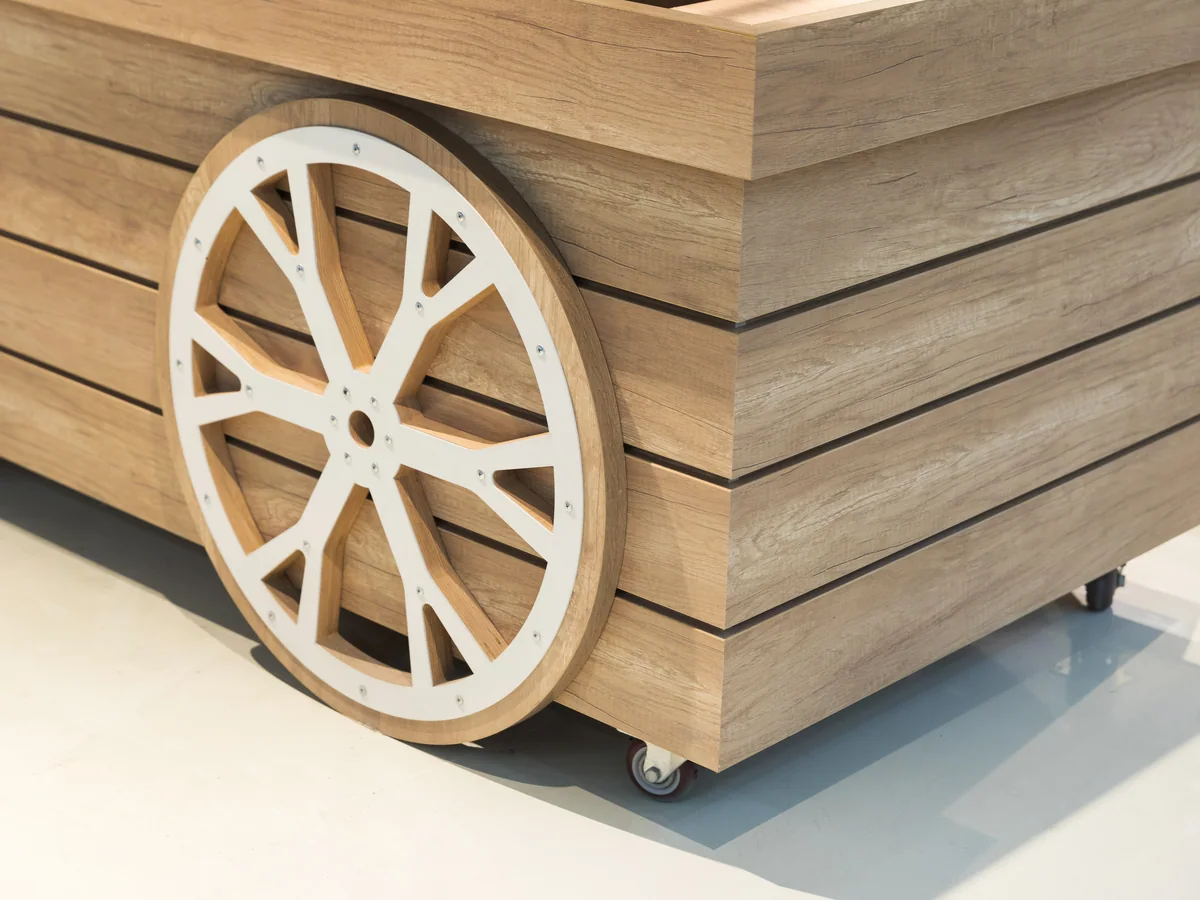 Close-up of a wagon wheel on the market cart