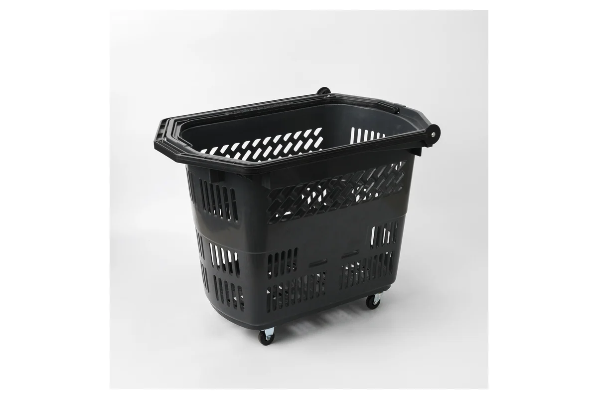 Compact black supermarket rolling shopping basket with wheels