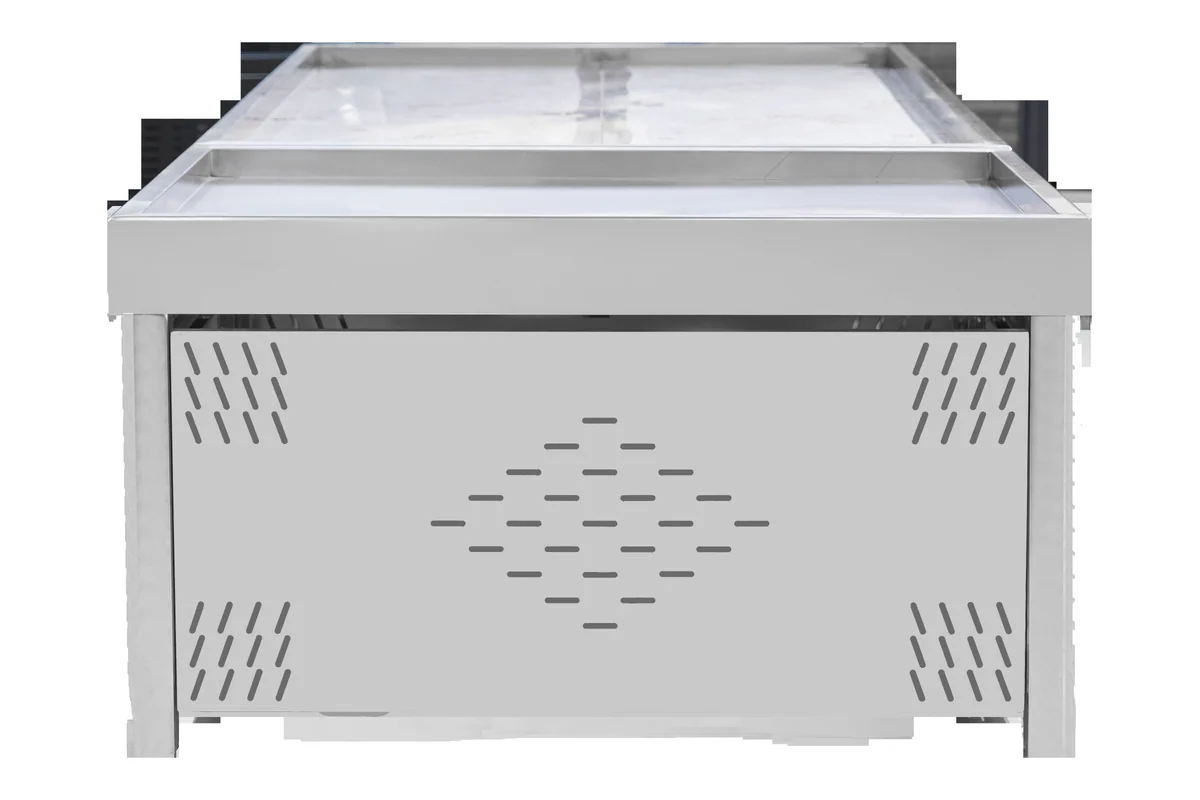 Compact single-section stainless steel supermarket ice fresh display unit with a louvred base