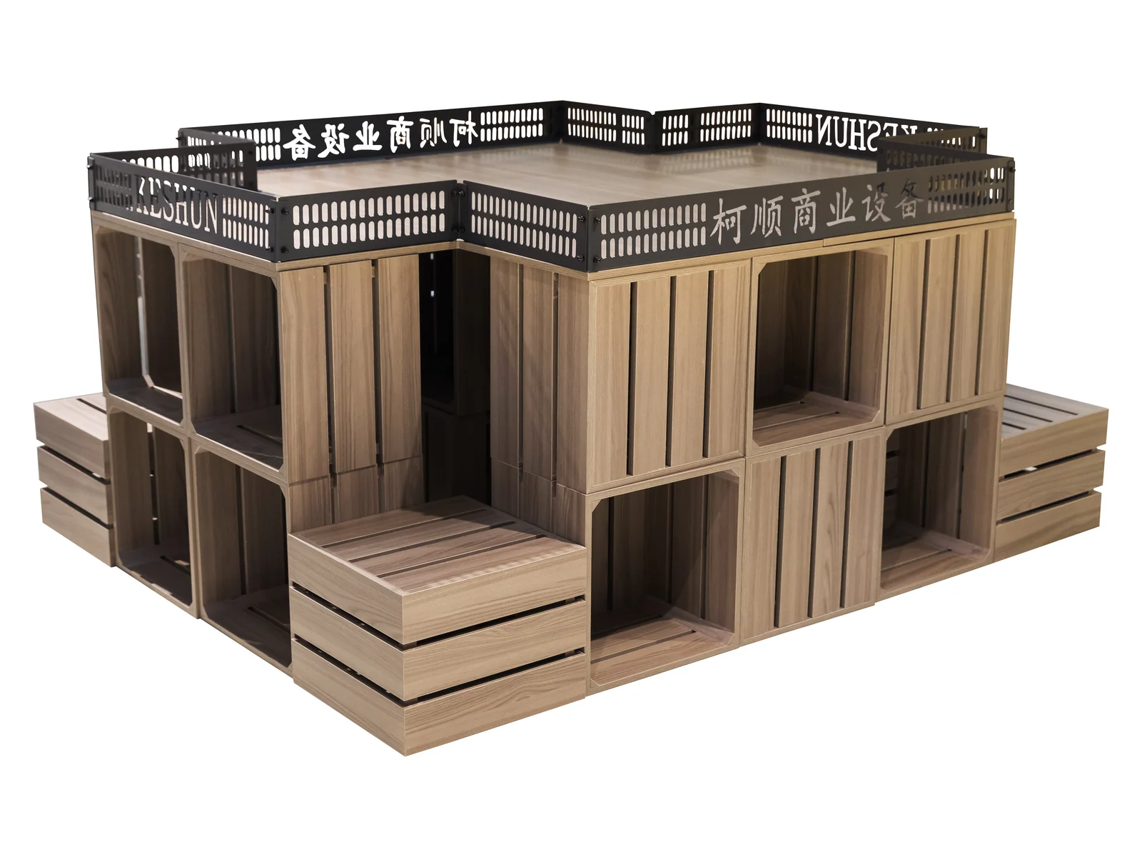 Crate Display Island with Signage Header photographed from the front on a white studio background