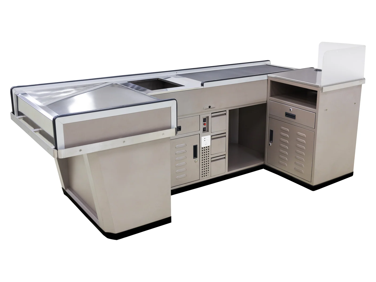Cream and stainless supermarket cashier counter with a drawer bank on the right and a raised glass end screen, seen from the front left