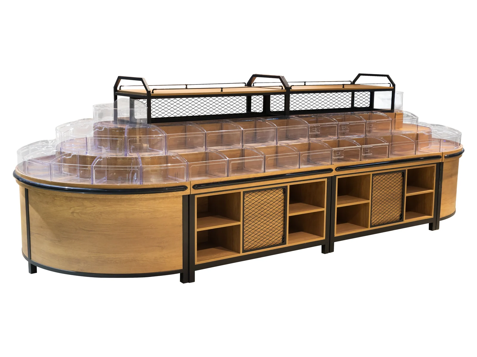 Curved End Bulk Island with Open Cubby Base photographed from the front on a white studio background