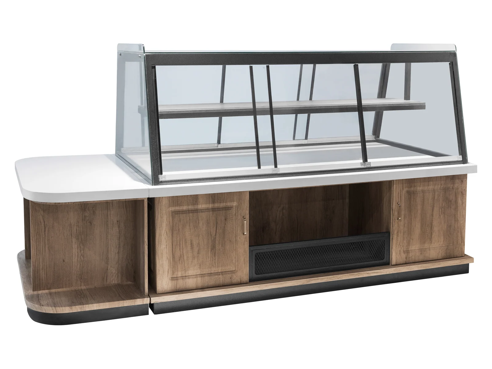 Curved Glass Bakery Counter with Sliding Base photographed from the front on a white studio background