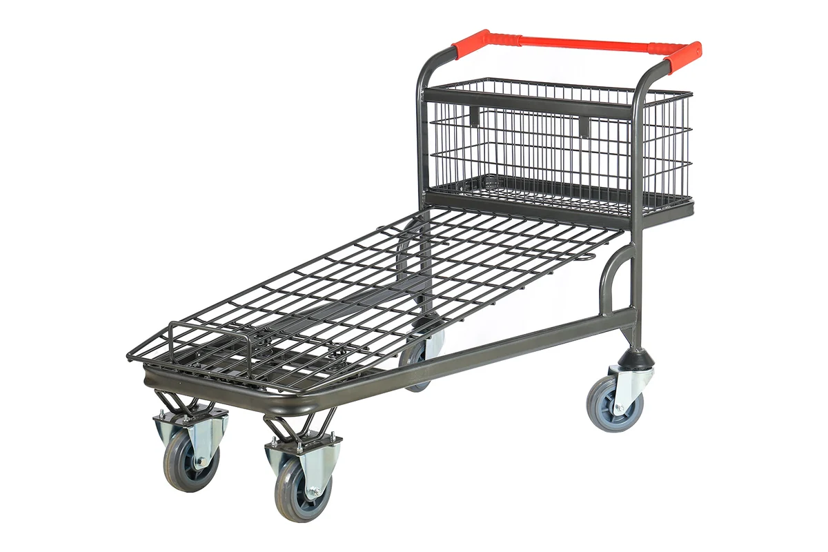 Dark-coated two-tier platform stock trolley with a red push handle