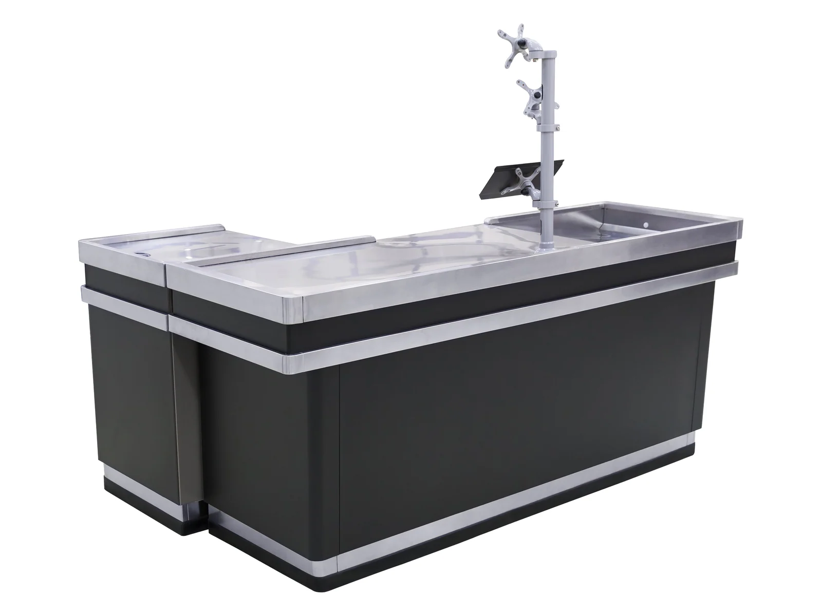 Dark grey supermarket cashier counter with a column arm carrying the till monitor and scanner, seen from the front left