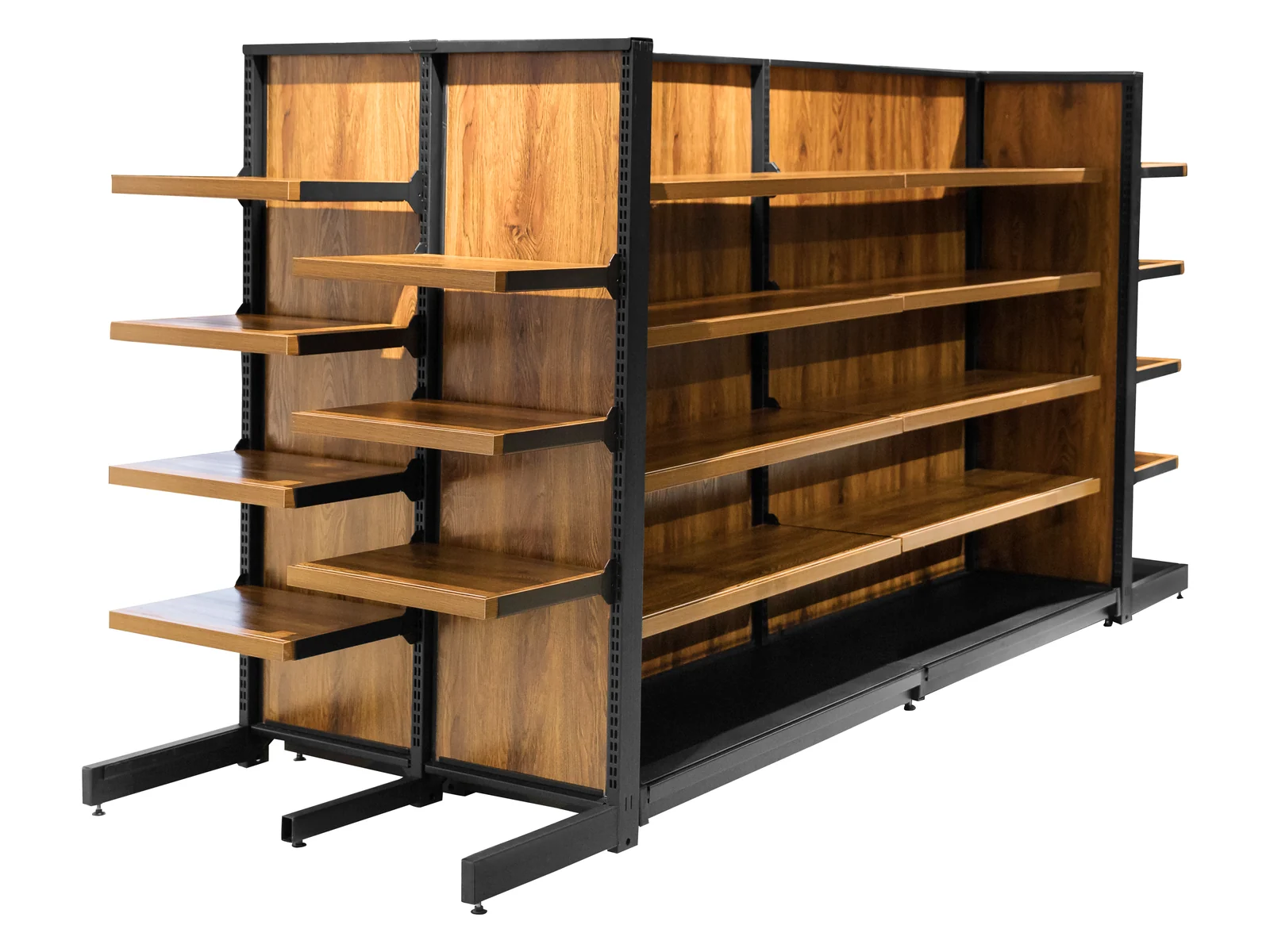 Double Sided Gondola Shelving Run photographed from the front on a white studio background