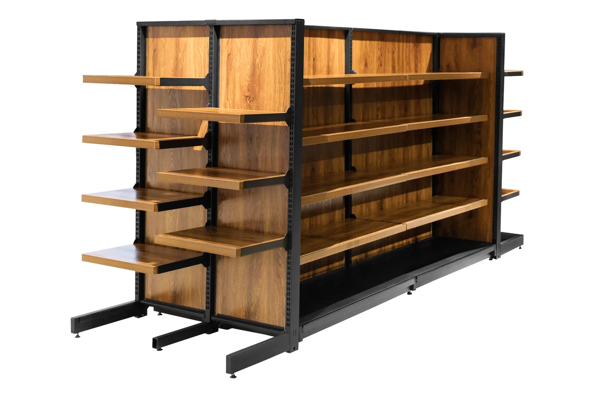 Double-sided steel and wood supermarket gondola with adjustable timber shelves on both flanks