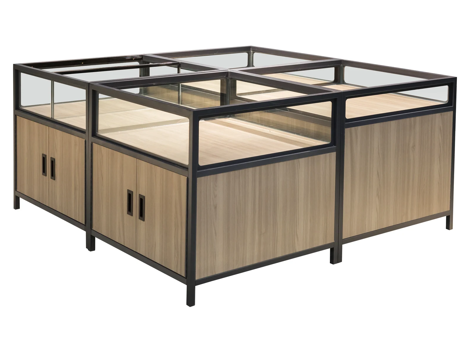 Four Sided Glazed Island Cabinet photographed from the front on a white studio background
