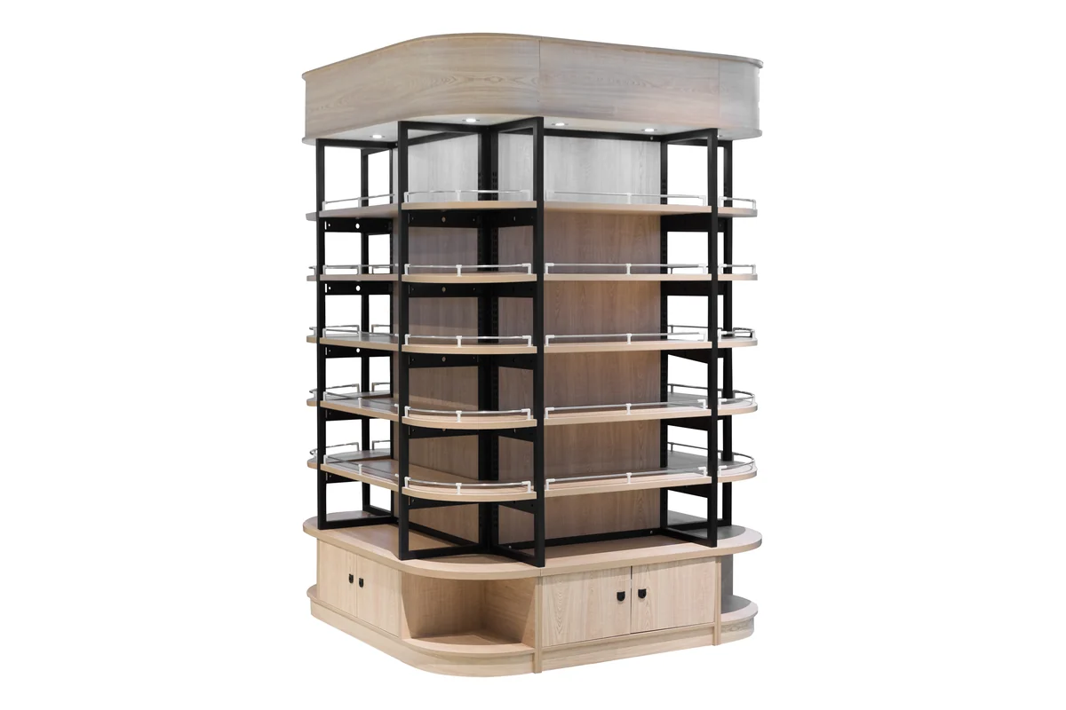 Four-sided steel and wood supermarket display tower with shelves on every face and a timber plinth