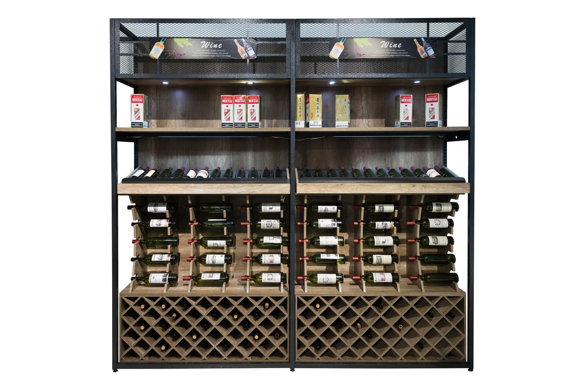 Full-height wooden supermarket wine wall with lit upper shelves and a diamond lattice bottle store below