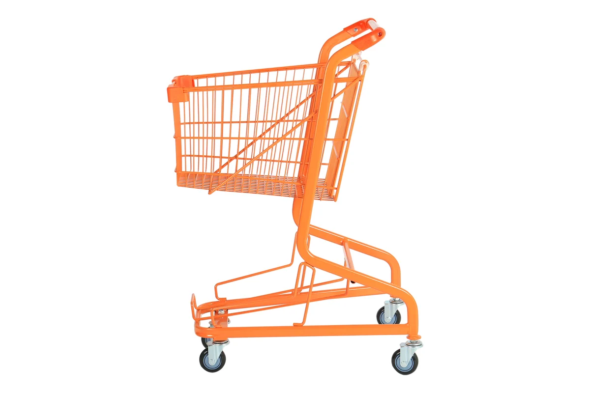 Fully coated orange frame on a compact Keshun supermarket shopping trolley