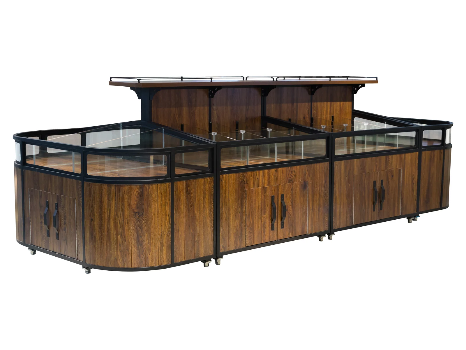 Glazed Top Bulk Island with Ticket Rails photographed from the front on a white studio background