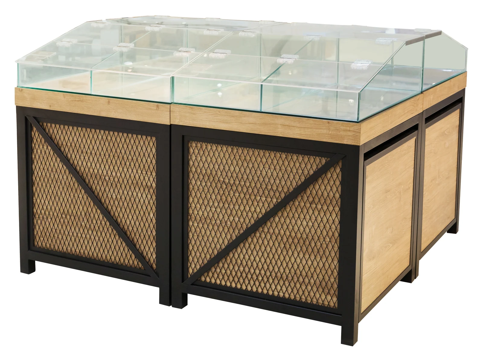 Grain Cabinet with Mesh Sides and Glass Top photographed from the front on a white studio background