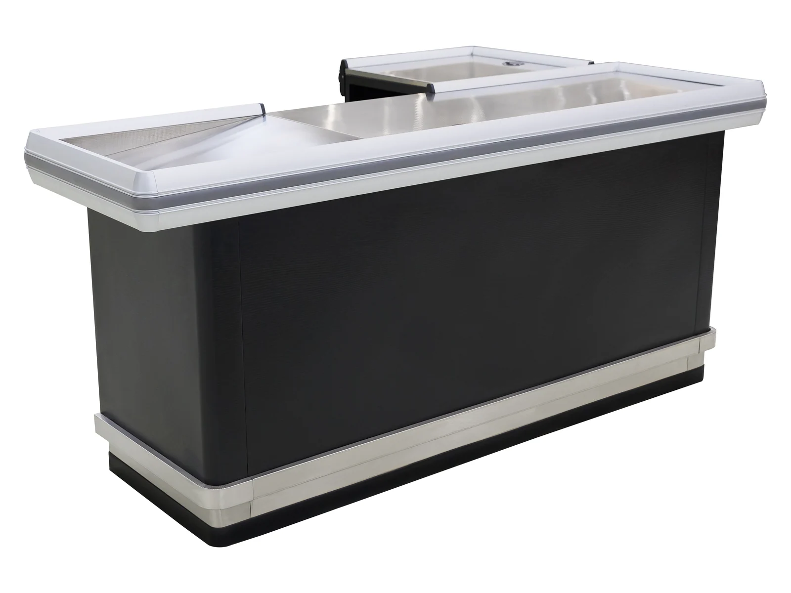 L Shaped Checkout Counter with Stainless Top photographed from the front on a white studio background