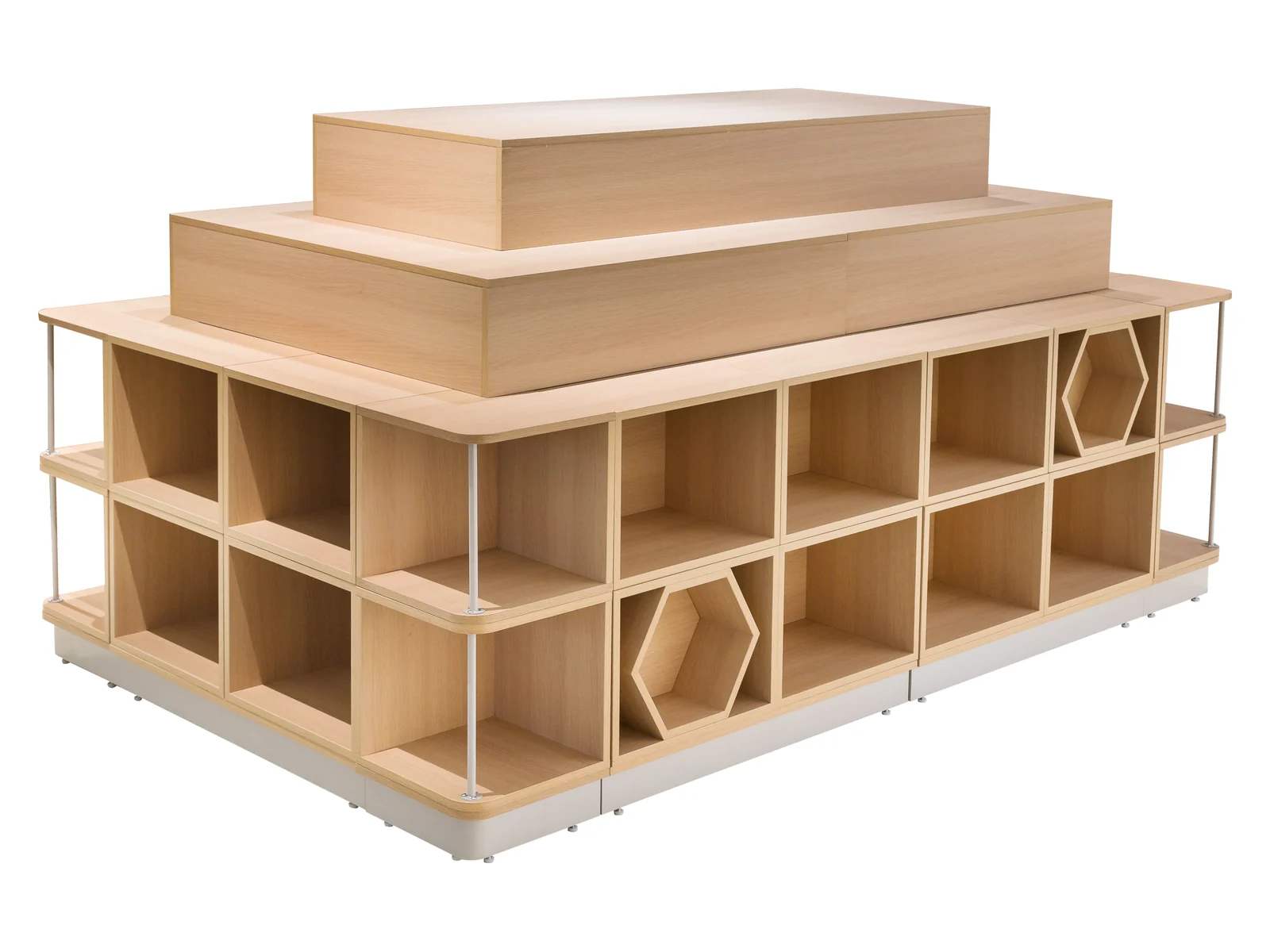 Large Promotional Island with Open Cubbies photographed from the front on a white studio background