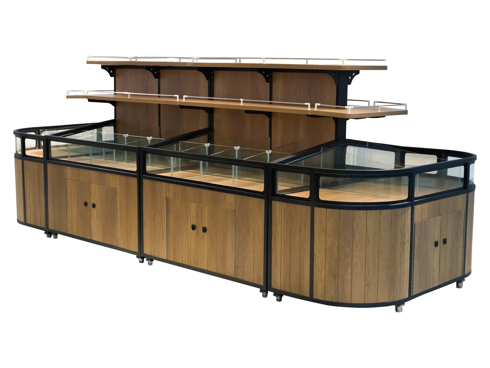 Two Level Dry Goods Island with Glazed Rails photographed from the front on a white studio background
