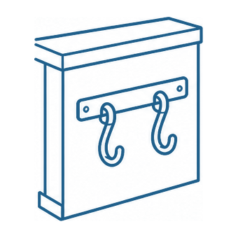 Line drawing of a hook rail with two hooks fitted to the end panel of a cashier counter