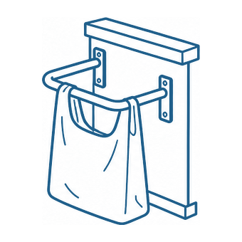 Line drawing of a shopping bag holder frame on a counter end panel holding an open carrier bag