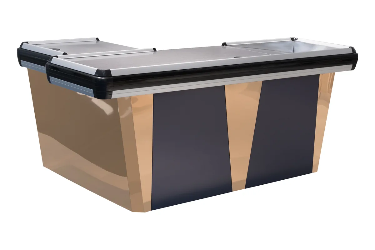 Long cash desk counter faced in pale timber with dark angled inserts under a stainless top