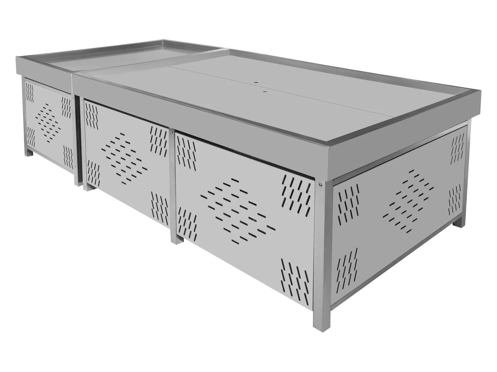 Long Ice Fresh Table with Slotted Base photographed from the front on a white studio background