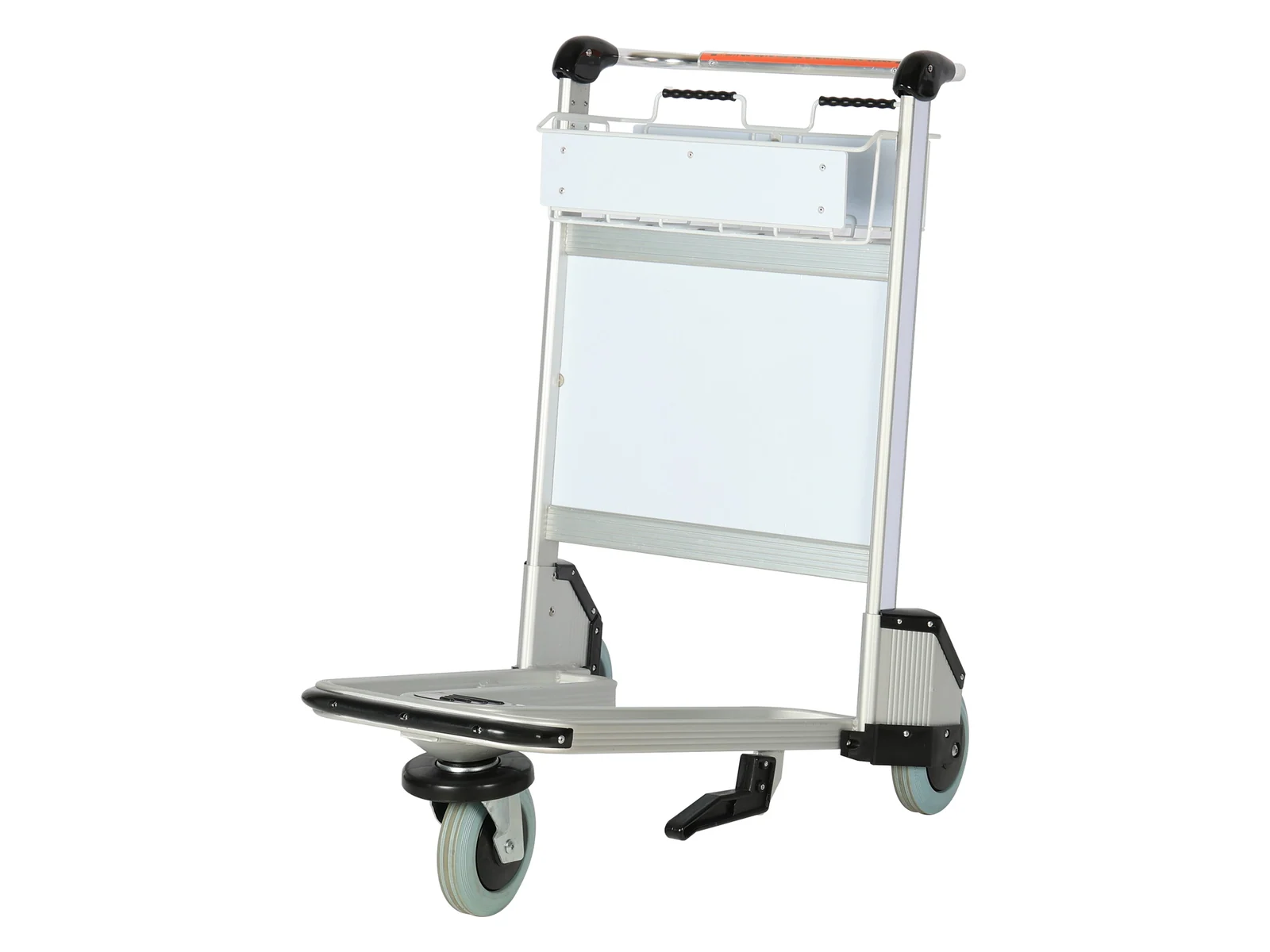 Luggage Cart with Sign Panel and Brake photographed from the front on a white studio background