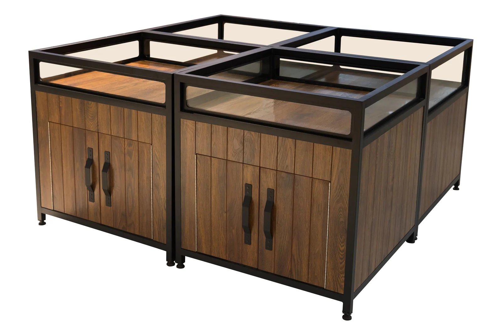 Matching timber cabinet units with uniform end panels closing each run