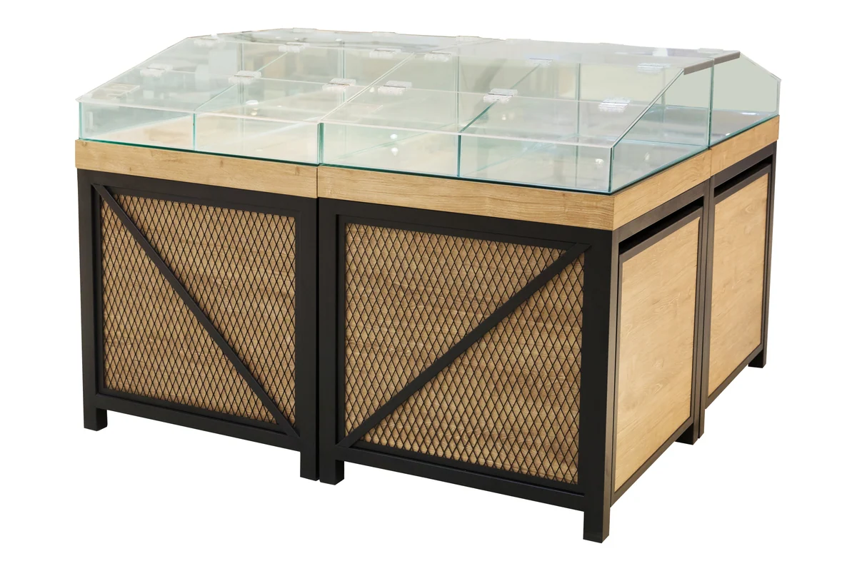 Metal and stainless supermarket grain bin unit with a glass hood and mesh panels