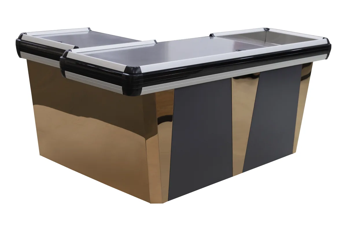 Mirror finish supermarket cashier counter panelled in dark grey, turning a corner into a cashier station