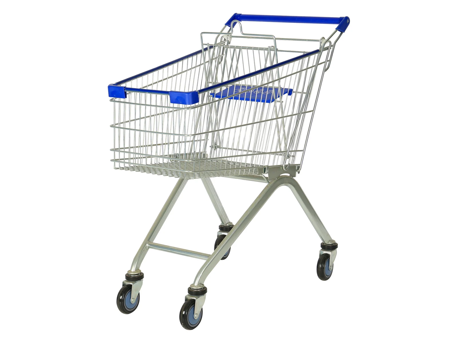 Nesting Trolley with Blue Handle and Seat photographed from the front on a white studio background